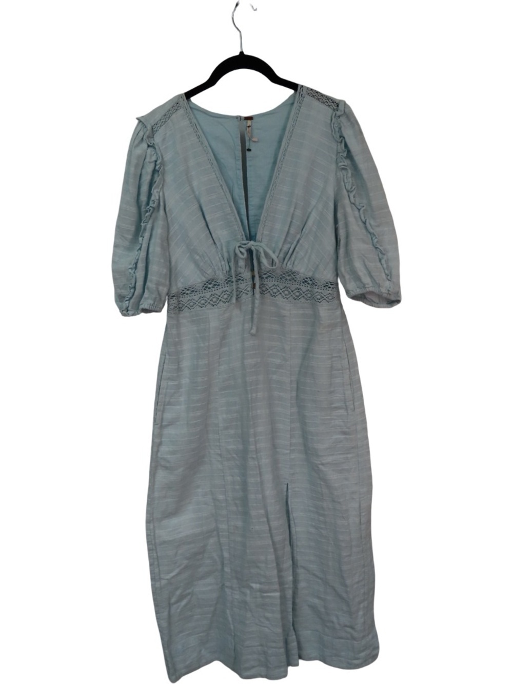 Free People Slow Pace Midi Dress Blue Boho Tie Front Puff Sleeve Size Medium - Picture 3 of 10